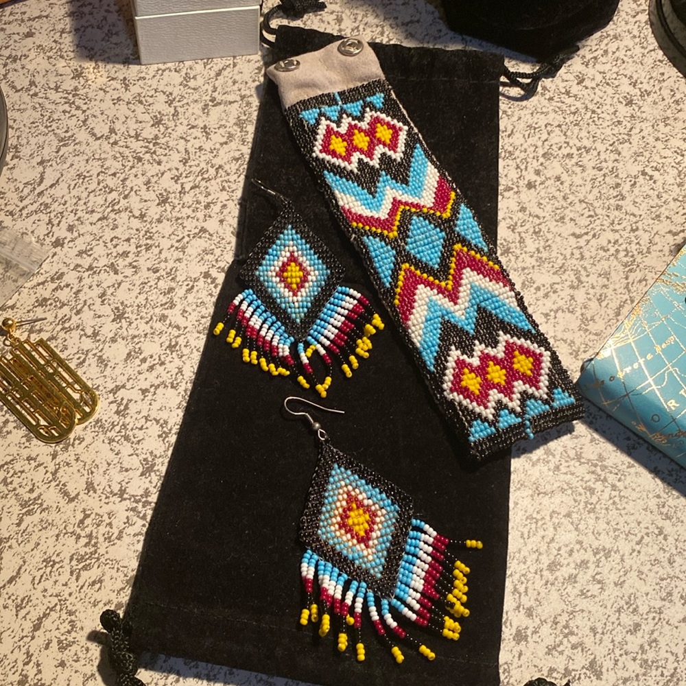 Sown seed bead set on leather